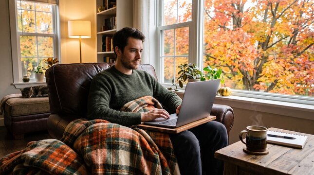 Man working on laptop in cozy armchair with autumn foliage outside window and cat sleeping