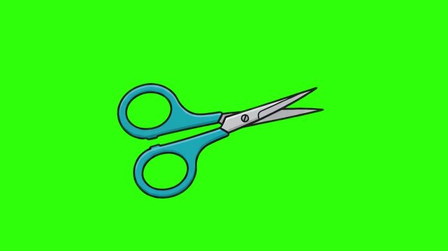 Flat 2D vector animated sharp scissors cutting tool isolated on a chroma key green screen background. Suitable for stationery promos, school supplies guides, craft projects, barbershop clips, price cu