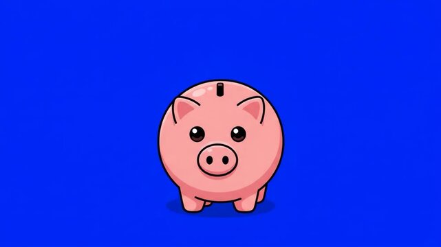 Flat 2D vector animated gold coin falling into pink piggy bank front view isolated on a chroma key blue screen background. Ideal for financial education promos, banking apps, economy explainer videos,