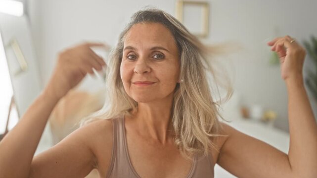 Woman running hands through blonde hair, bare shoulders visible, smiling gently in studio; serenity self care.