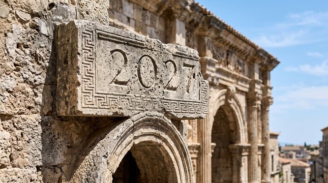Ancient stone archway with the year 2027 carved into the keystone, historical architecture in a mediterranean setting