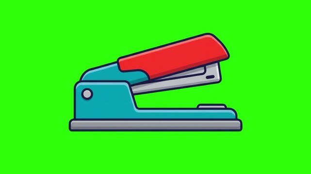 Vector cartoon illustration of a red and blue office paper stapler over a chroma key green background. Excellent for school supplies commercials, office stationery promos, document organizing videos, 