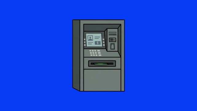 Vector cartoon illustration of a metallic grey automated teller machine ATM over a chroma key blue background. Perfect for banking commercial ads, finance explainer videos, electronic payment promos, 