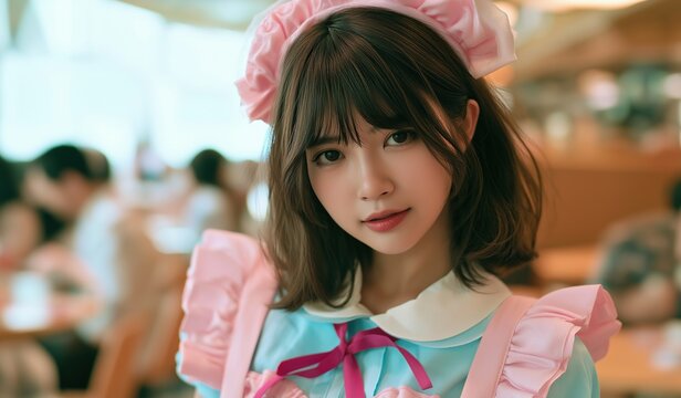 Cute Maid Cafe Girl Portrait with Pink Bow and Soft Blurred Background