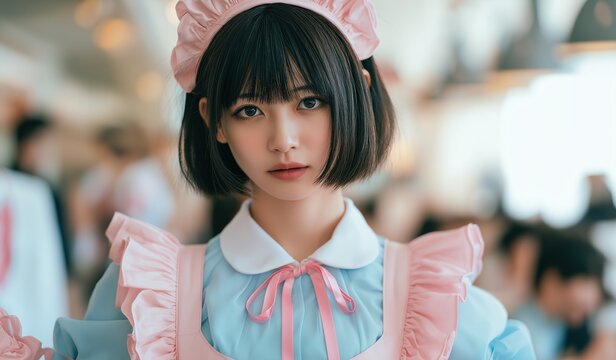Cute Maid Cafe Girl Portrait with Pink Bow and Soft Blurred Background