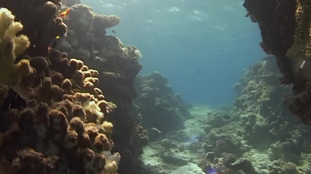 Underwater footage showcases coral reefs in a clear blue ocean during daylight. Fish swim among the coral structures. The light creates patterns on the ocean floor.