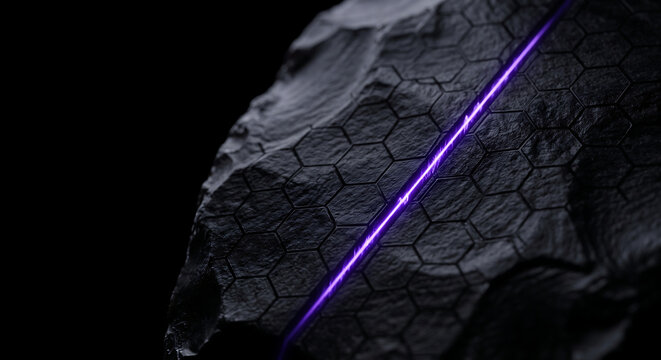 Futuristic obsidian rock with glowing purple energy line, sci-fi mineral with hexagonal pattern, dark alien technology stone