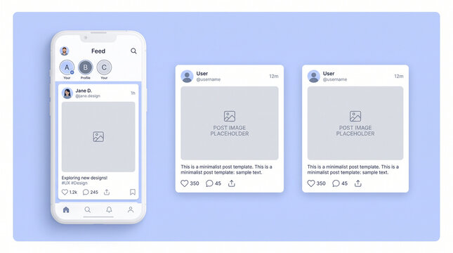 Minimalist social media post mockup on smartphone screen, clean digital interface templates, modern mobile app UI design isolated on White Background