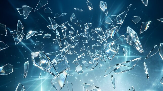 Shattered Glass Shards Exploding in Air on Abstract Glowing Blue Background