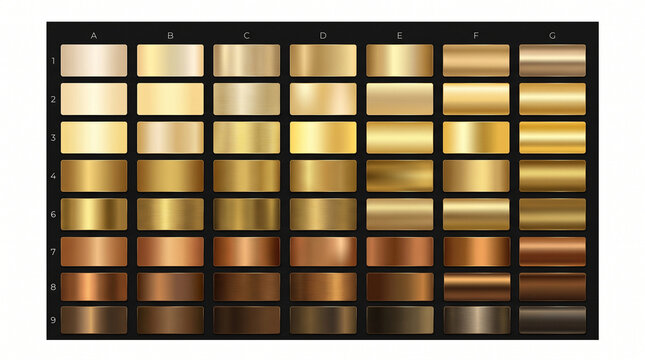 Gold gradient palette with 56 metallic swatches, luxury bronze and copper color chart, metallic texture samples for graphic design isolated on White Background