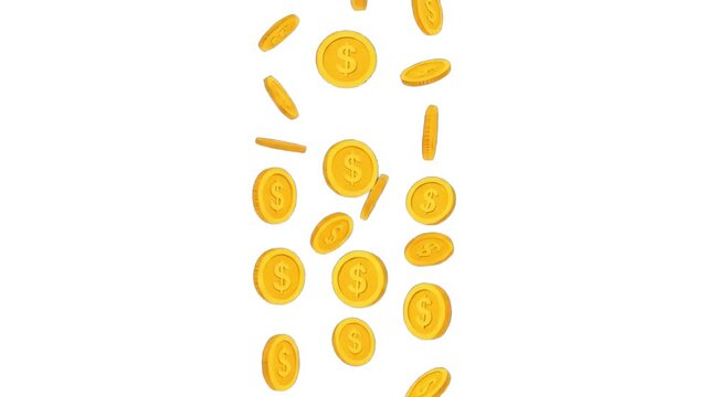 A clean vertical pattern of bright gold dollar coins falling like rain isolated on a white background. Perfect for financial app graphics, banking ads, commerce banners, print wallpaper, and decorativ