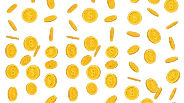 A clean vertical pattern of bright gold dollar coins falling like rain isolated on a white background. Perfect for financial app graphics, banking ads, commerce banners, print wallpaper, and decorativ