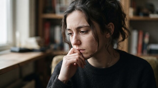 A young woman with a pensive expression gazes downwards, her fingers touching her lips in deep thought, evoking a sense of introspection and melancholy.