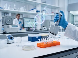 Fototapeta premium Scientist using multichannel pipette for genetic research in modern laboratory