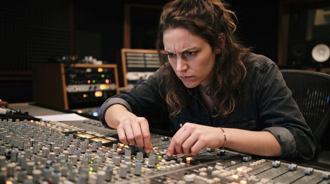 A female audio engineer intently adjusts knobs and faders on a large mixing console, her brow furrowed in concentration as she works within a professional recording studio.
