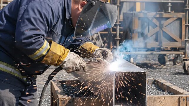 Welder works on metal beam outdoors. Industrial worker welding steel creates bright sparks. Worker wears safety mask gloves. Construction man repairing metal structure. Sparks fly during welding job.
