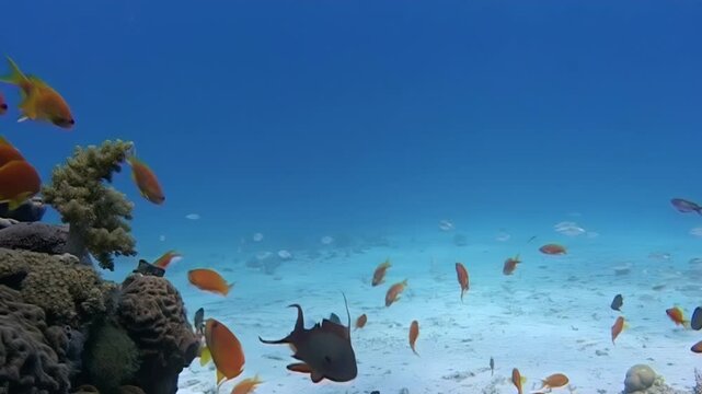 School of orange anthias fish foraging around a vibrant coral reef in the Red Sea
