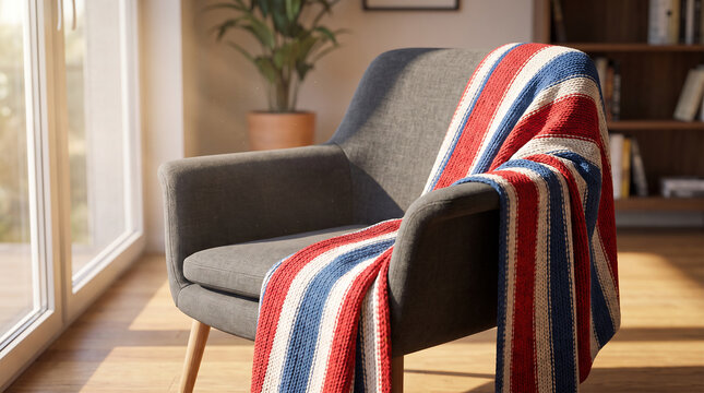 Striped patriotic blanket draped over gray armchair in cozy sunlight.