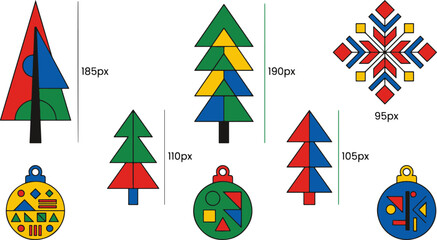 Fototapeta premium Abstract geometric christmas trees baubles and snowflake design.