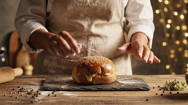 Chef sprinkles sesame seeds on hot fresh burger. Chef hands adjust hot bun carefully. Delicious burger sits on black slate board. Chef prepares tasty burger meal. Food cooking involves fresh