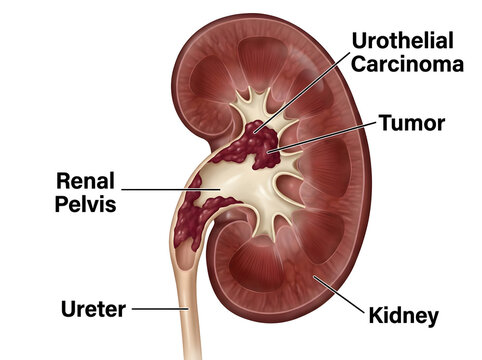 Kidney with urothelial carcinoma tumor illustration isolated on white background