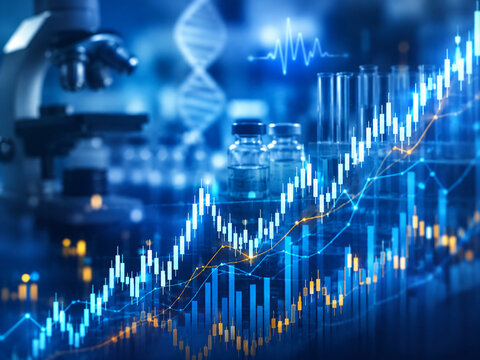Glowing market charts rise through a biotech laboratory with microscope, vials, test tubes and DNA imagery, depicting health care innovation and investment growth.