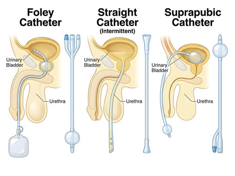 Medical illustration of foley, straight, and suprapubic catheters isolated on white background