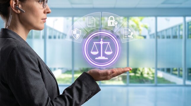 Businesswoman holding a digital interface with legal and compliance icons representing justice, security, and documentation