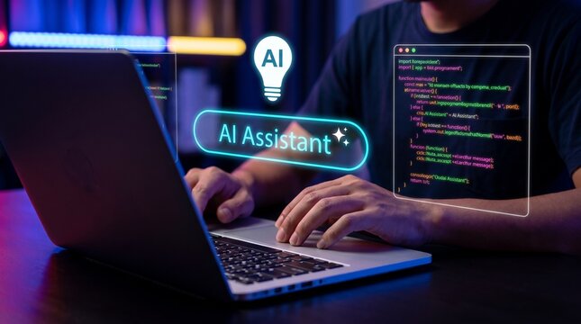 Programmer using ai assistant software to write code on laptop in dark office