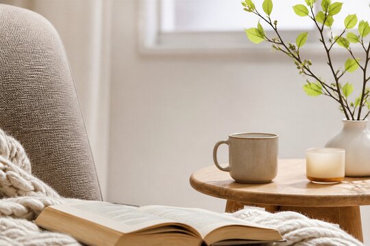 Cozy chair holds open book and knitted blanket. Wooden table holds mug, candle, and vase with green branches. Soft light filters through window, enhancing tranquil mood