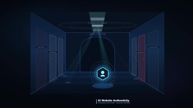 4K Animation of AI Authenticity Scanner Protecting Digital Corridors from Phishing Attacks with Verified Portals