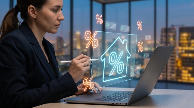 Professional woman using a laptop with a digital interface showing a house icon with a percentage sign for mortgage concept