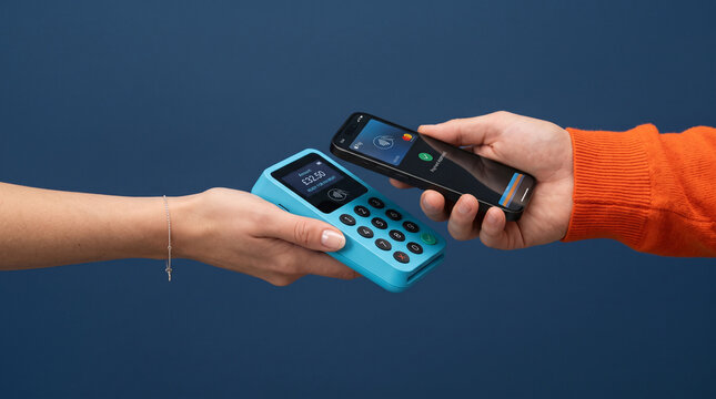 Closeup of a person making a contactless payment with a smartphone on a blue card reader terminal against a solid blue background