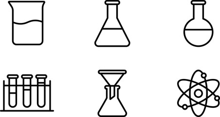 Fototapeta premium Set of laboratory glassware icons including beakers, flasks, test tubes, and an atom symbol