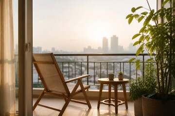 Fototapeta premium Sunlight bathes a cozy balcony with wooden chair and table. City skyline glows softly in the hazy distance. Green plant adds life beside a potted fern. Serenity radiates from this tranquil