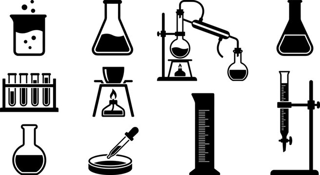 Set of laboratory glassware icons, including beakers, flasks, test tubes, and scientific equipment for chemistry and biology experiments