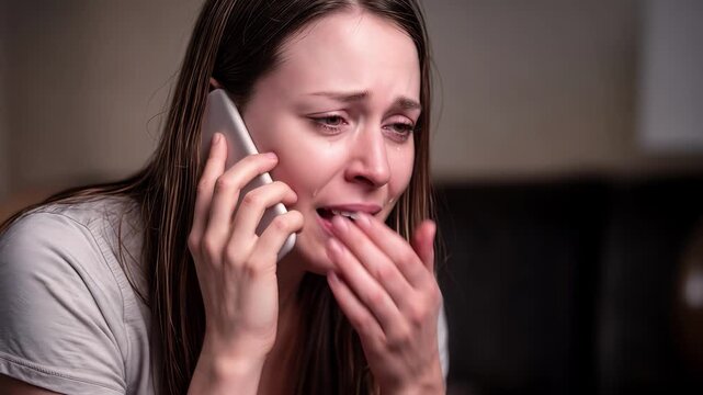 Distressed young woman crying while talking on smartphone. Emotional breakdown during phone call with tears and sobbing. Handheld close-up shot.