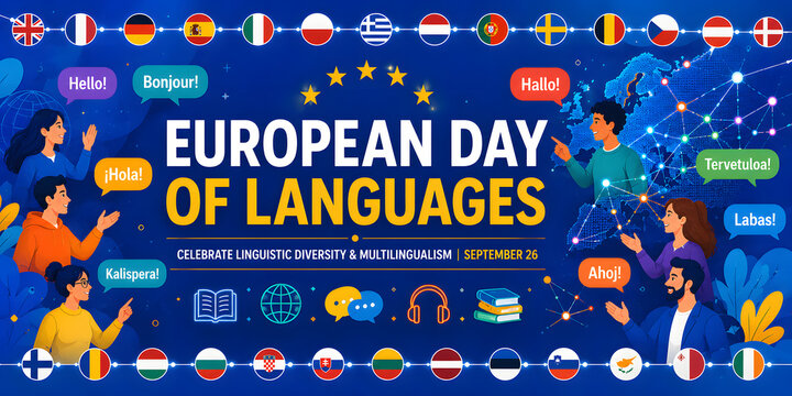 European Day of Languages Banner with European Flags and Multilingual Communication