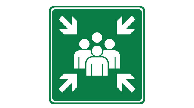 Emergency assembly point sign featuring white people icons on a green square background for safety