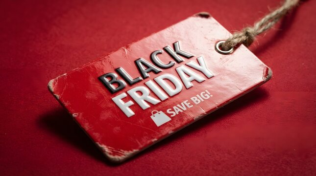 Black Friday price tag hanging on red background symbolizing major shopping discounts and sales events worldwide