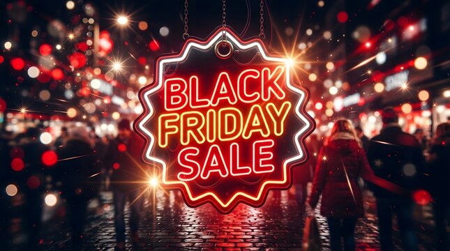 Vibrant Black Friday Sale Neon Sign Illuminates Bustling City Street with Shoppers Seeking Holiday Deals
