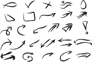 Fototapeta premium Collection of hand drawn arrows and doodle symbols isolated on a white background for design elements