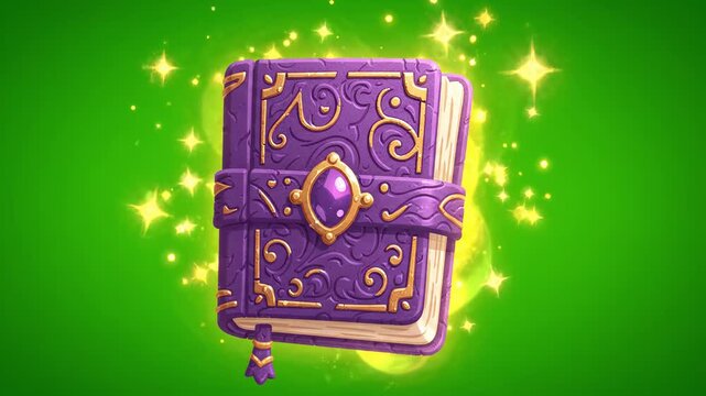 Ornate purple spellbook with glowing gem on green background