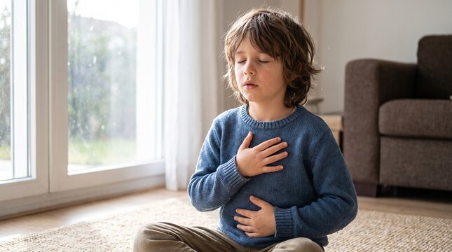 Young Boy Practicing Deep Diaphragmatic Breathing Exercise for Anxiety Relief - Child Anxiety Breathing Exercise Calm