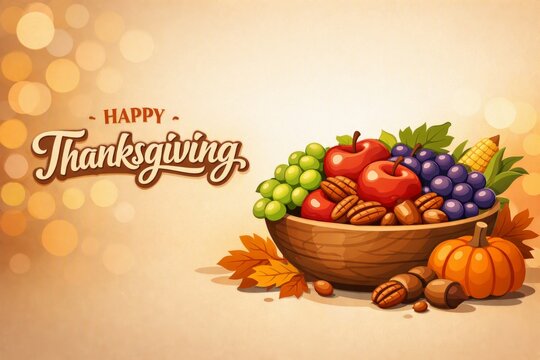 Happy thanksgiving harvest bowl of fruits nuts and pumpkin with autumn leaves for seasonal greeting card background and banner design