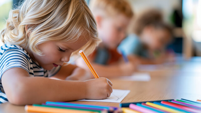 Young children drawing and writing together at a communal wooden table, creativity, early education, fine motor development, faceless, with copy space