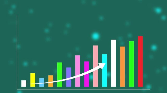 4k Financial data and diagrams showing a steady increase in profits yearly. Business growth concept showing marketing sales portfolio increasing to future target. Business growing up bars trends.
