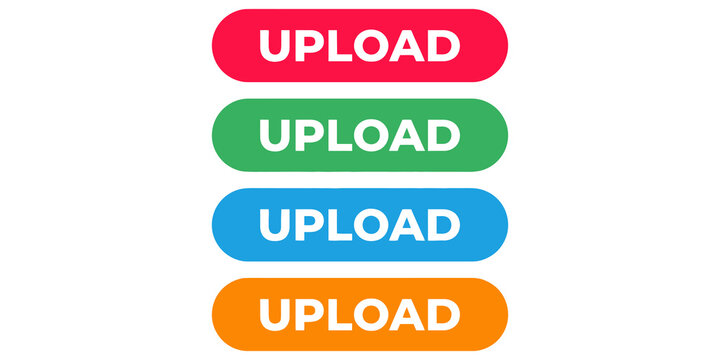 Four vibrant colored buttons with the word upload cut out in white, great for web and app interfaces.