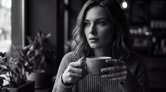 In this black and white image, a thoughtful woman sits in a cafe, savoring her coffee while lost in contemplation, capturing a moment of quiet reflection and tranquility.