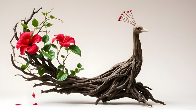 Surreal Peacock Made from Twisted Tree Roots and Red Flowers